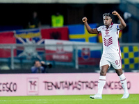 Duvan Zapata of Torino FC celebrates after scoring second goal during the Serie A Enilive match between Hellas Verona and Torino FC at Stadi...