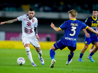 Antonio Sanabria of Torino FC and Martin Frese of Hellas Verona compete for the ball during the Serie A Enilive match between Hellas Verona...