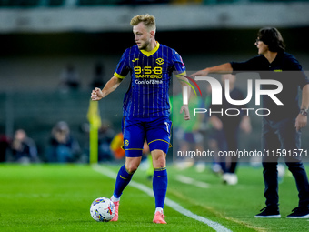 Casper Tendstedt of Hellas Verona in action during the Serie A Enilive match between Hellas Verona and Torino FC at Stadio Marcantonio Bente...