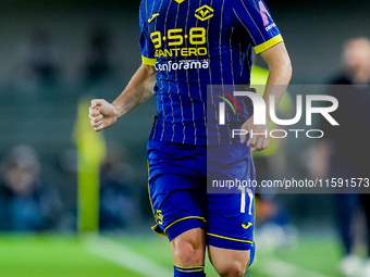 Casper Tendstedt of Hellas Verona in action during the Serie A Enilive match between Hellas Verona and Torino FC at Stadio Marcantonio Bente...