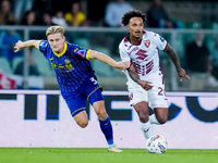 Martin Frese of Hellas Verona and Valentino Lazaro of Torino FC compete for the ball during the Serie A Enilive match between Hellas Verona...