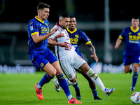 Antonio Sanabria of Torino FC and Giangiacomo Magnani of Hellas Verona compete for the ball during the Serie A Enilive match between Hellas...