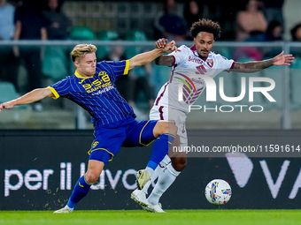 Valentino Lazaro of Torino FC and Martin Frese of Hellas Verona compete for the ball during the Serie A Enilive match between Hellas Verona...