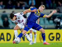 Samuele Ricci of Torino FC and Casper Tendstedt of Hellas Verona compete for the ball during the Serie A Enilive match between Hellas Verona...