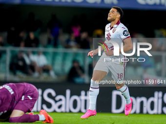 Che' Adams of Torino FC celebrates after scoring third goal during the Serie A Enilive match between Hellas Verona and Torino FC at Stadio M...