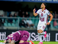 Che' Adams of Torino FC celebrates after scoring third goal during the Serie A Enilive match between Hellas Verona and Torino FC at Stadio M...