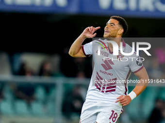 Che' Adams of Torino FC celebrates after scoring third goal during the Serie A Enilive match between Hellas Verona and Torino FC at Stadio M...