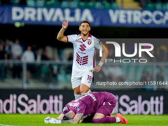 Che' Adams of Torino FC celebrates after scoring third goal during the Serie A Enilive match between Hellas Verona and Torino FC at Stadio M...