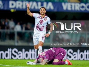 Che' Adams of Torino FC celebrates after scoring third goal during the Serie A Enilive match between Hellas Verona and Torino FC at Stadio M...