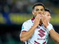 Che' Adams of Torino FC celebrates after scoring third goal during the Serie A Enilive match between Hellas Verona and Torino FC at Stadio M...