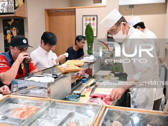 A restaurant serving seafood sushi is seen at Toyosu Market in Tokyo, Japan, on September 22, 2023. On September 20, 2024, according to the...