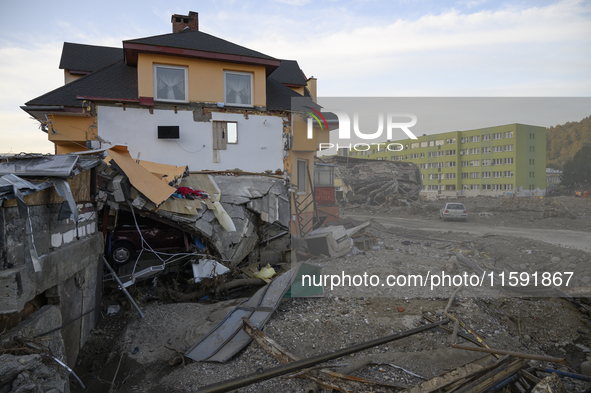 A heavily damaged house by the flood is seen in Stronie Slaskie, Poland on September 20, 2024. 