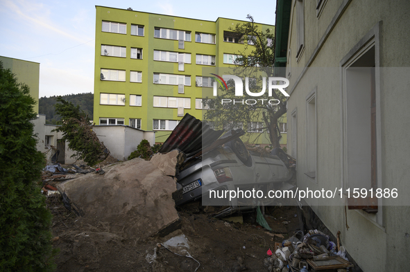 A car and debris left by the flood wave are seen in Stronie Slaskie, Poland on September 20, 2024. 