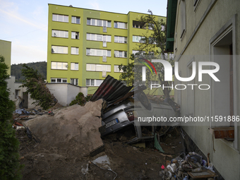 A car and debris left by the flood wave are seen in Stronie Slaskie, Poland on September 20, 2024. (