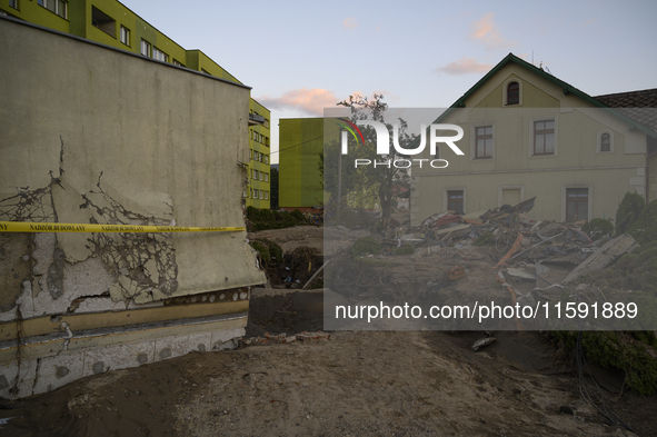 Heavily damaged houses and debris left by the flood in Stronie Slaskie, Poland on September 20, 2024. 