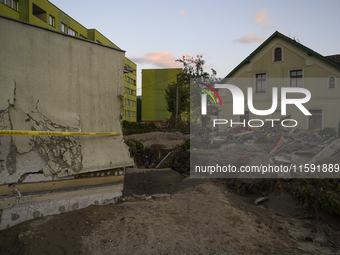 Heavily damaged houses and debris left by the flood in Stronie Slaskie, Poland on September 20, 2024. (