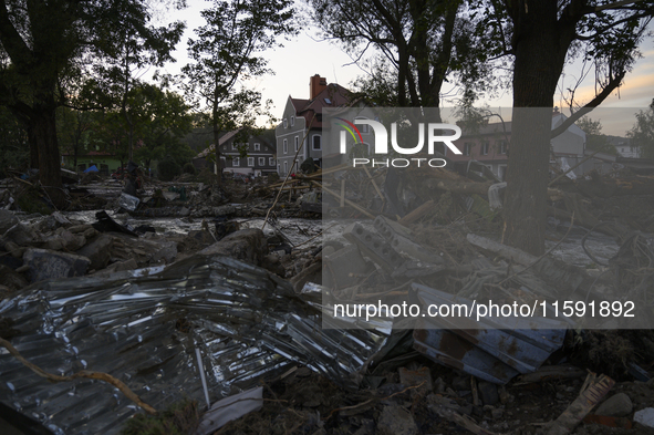 Heavily damaged houses and debris left by the flood are pictured in Stronie Slaskie, Poland on September 20, 2024. 