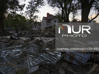 Heavily damaged houses and debris left by the flood are pictured in Stronie Slaskie, Poland on September 20, 2024. (