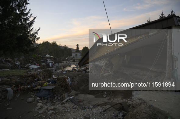 Heavily damaged houses and debris left by the flood in Stronie Slaskie, Poland on September 20, 2024. 