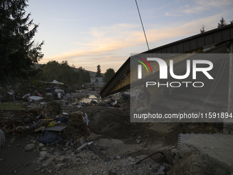 Heavily damaged houses and debris left by the flood in Stronie Slaskie, Poland on September 20, 2024. (