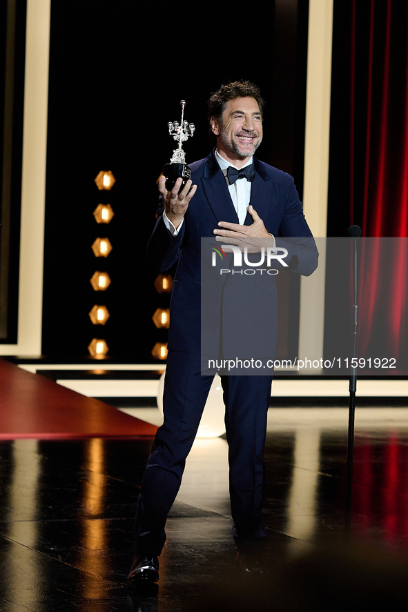 Javier Bardem receives the award during the 72nd San Sebastian International Film Festival in San Sebastian, Spain, on September 20, 2024. 