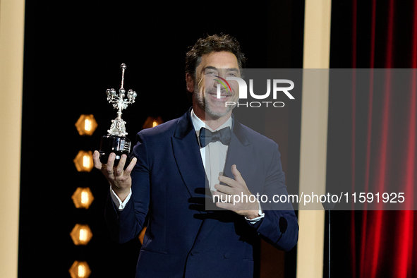 Javier Bardem receives the award during the 72nd San Sebastian International Film Festival in San Sebastian, Spain, on September 20, 2024. 