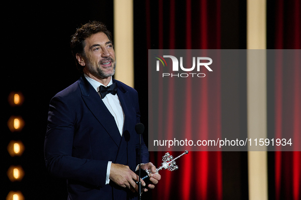 Javier Bardem receives the award during the 72nd San Sebastian International Film Festival in San Sebastian, Spain, on September 20, 2024. 