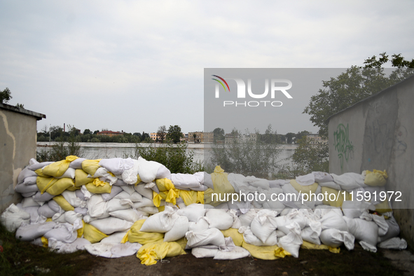 Flooded areas of the city during the flooding of the Odra River in Brzeg, Poland, on September 19, 2023. For several days, flood alerts are...