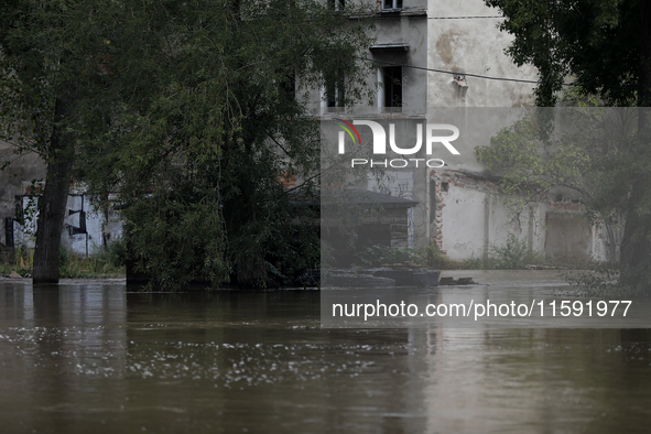 Flooded areas of the city during the flooding of the Odra River in Brzeg, Poland, on September 19, 2023. For several days, flood alerts are...