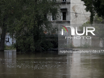 Flooded areas of the city during the flooding of the Odra River in Brzeg, Poland, on September 19, 2023. For several days, flood alerts are...