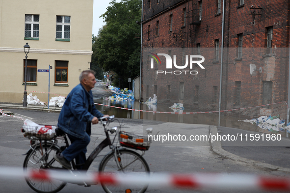 Flooded areas of the city during the flooding of the Odra River in Brzeg, Poland, on September 19, 2023. For several days, flood alerts are...