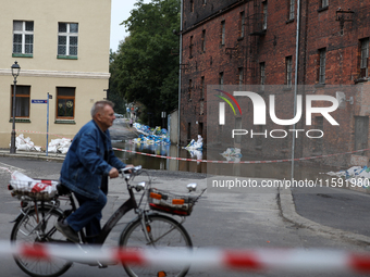 Flooded areas of the city during the flooding of the Odra River in Brzeg, Poland, on September 19, 2023. For several days, flood alerts are...