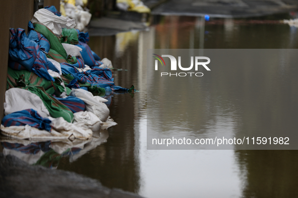 Flooded areas of the city during the flooding of the Odra River in Brzeg, Poland, on September 19, 2023. For several days, flood alerts are...