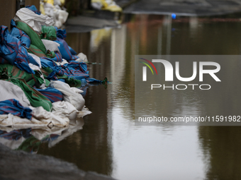 Flooded areas of the city during the flooding of the Odra River in Brzeg, Poland, on September 19, 2023. For several days, flood alerts are...