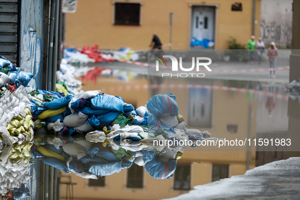 Flooded areas of the city during the flooding of the Odra River in Brzeg, Poland, on September 19, 2023. For several days, flood alerts are...