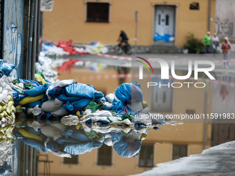 Flooded areas of the city during the flooding of the Odra River in Brzeg, Poland, on September 19, 2023. For several days, flood alerts are...