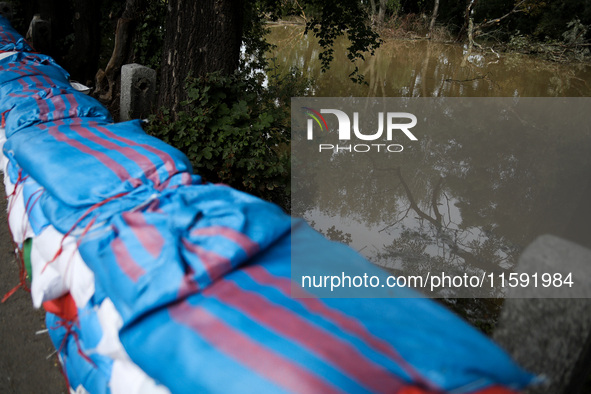 Flooded areas of the city during the flooding of the Odra River in Brzeg, Poland, on September 19, 2023. For several days, flood alerts are...