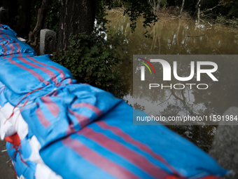 Flooded areas of the city during the flooding of the Odra River in Brzeg, Poland, on September 19, 2023. For several days, flood alerts are...