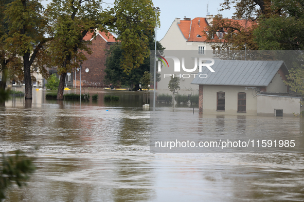 Flooded areas of the city during the flooding of the Odra River in Brzeg, Poland, on September 19, 2023. For several days, flood alerts are...