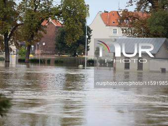 Flooded areas of the city during the flooding of the Odra River in Brzeg, Poland, on September 19, 2023. For several days, flood alerts are...