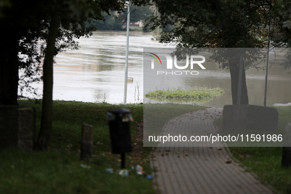 Flooded areas of the city during the flooding of the Odra River in Brzeg, Poland, on September 19, 2023. For several days, flood alerts are...