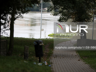 Flooded areas of the city during the flooding of the Odra River in Brzeg, Poland, on September 19, 2023. For several days, flood alerts are...