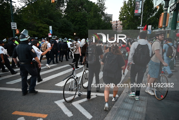 Protesters march and demonstrate for Black and Palestinian liberation following the subway shooting in Brooklyn, strikes from Israel on Hezb...