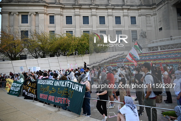 Protesters demonstrate at Brooklyn Museum. Protesters demonstrate and make their voices heard for Black and Palestinian liberation following...