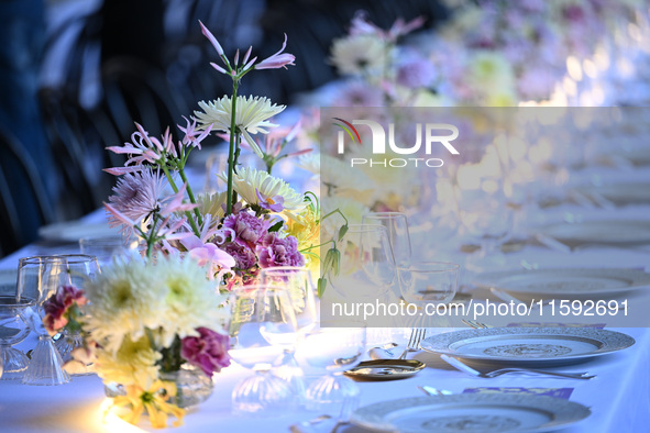 Dinner table at the Versace fashion show during the Milan Womenswear Spring/Summer 2025 in Milan, Italy, on September 20, 2024 