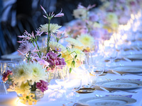 Dinner table at the Versace fashion show during the Milan Womenswear Spring/Summer 2025 in Milan, Italy, on September 20, 2024 (