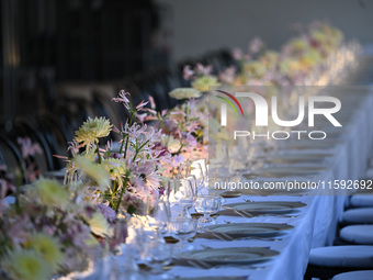 Dinner table at the Versace fashion show during the Milan Womenswear Spring/Summer 2025 in Milan, Italy, on September 20, 2024 (