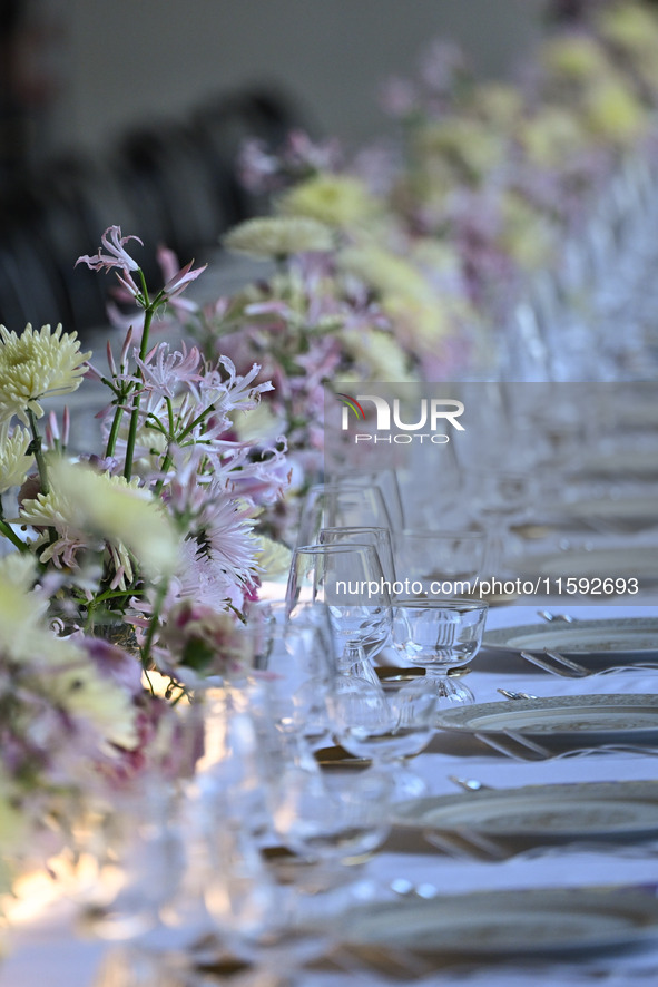 Dinner table at the Versace fashion show during the Milan Womenswear Spring/Summer 2025 in Milan, Italy, on September 20, 2024 