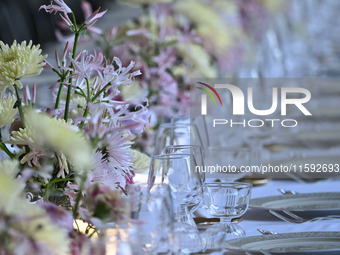 Dinner table at the Versace fashion show during the Milan Womenswear Spring/Summer 2025 in Milan, Italy, on September 20, 2024 (