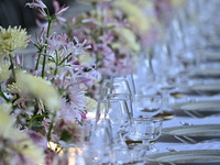 Dinner table at the Versace fashion show during the Milan Womenswear Spring/Summer 2025 in Milan, Italy, on September 20, 2024 (